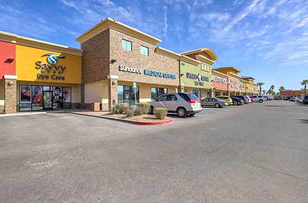 Shopping center exterior photography for retail lease listing in Henderson